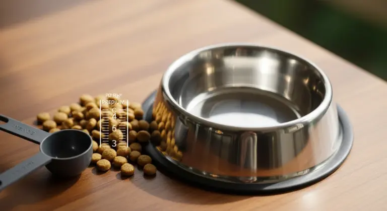 Une gamelle en métal, une pelle doseuse et des croquettes pour animaux posées sur une table en bois