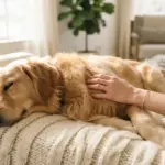 A human hand gently caressing the soft, warm fur of a calm golden retriever dog, resting peacefully on a thick