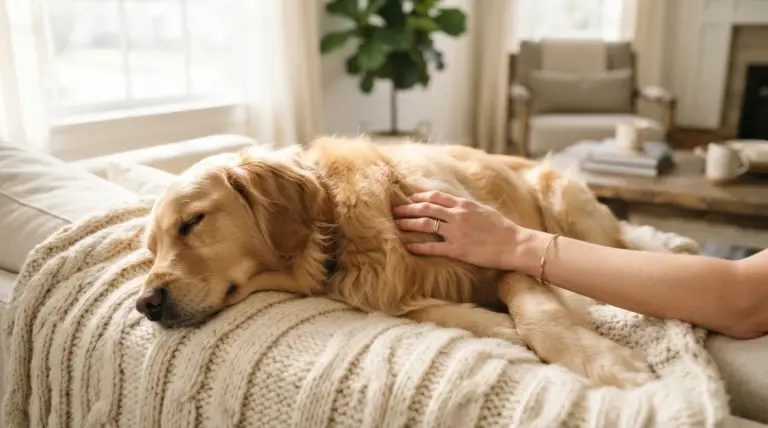 A human hand gently caressing the soft, warm fur of a calm golden retriever dog, resting peacefully on a thick