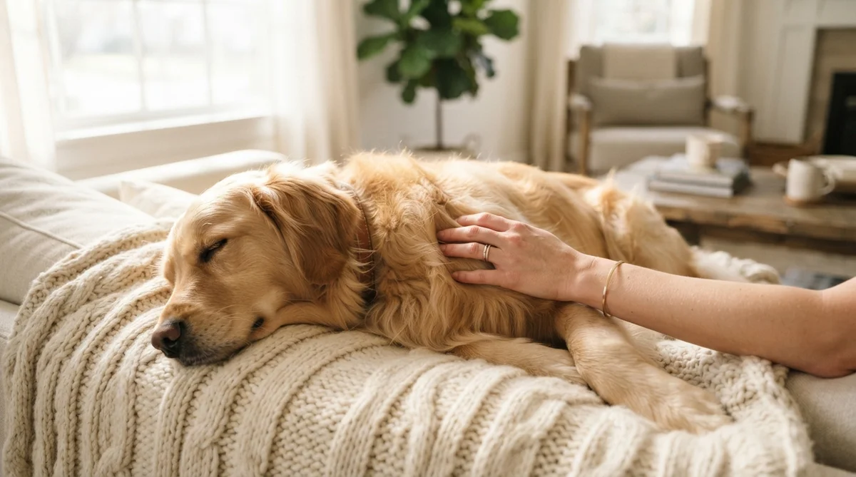 A human hand gently caressing the soft, warm fur of a calm golden retriever dog, resting peacefully on a thick