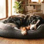 A majestic Bernese Mountain Dog peacefully sleeps curled on a plush