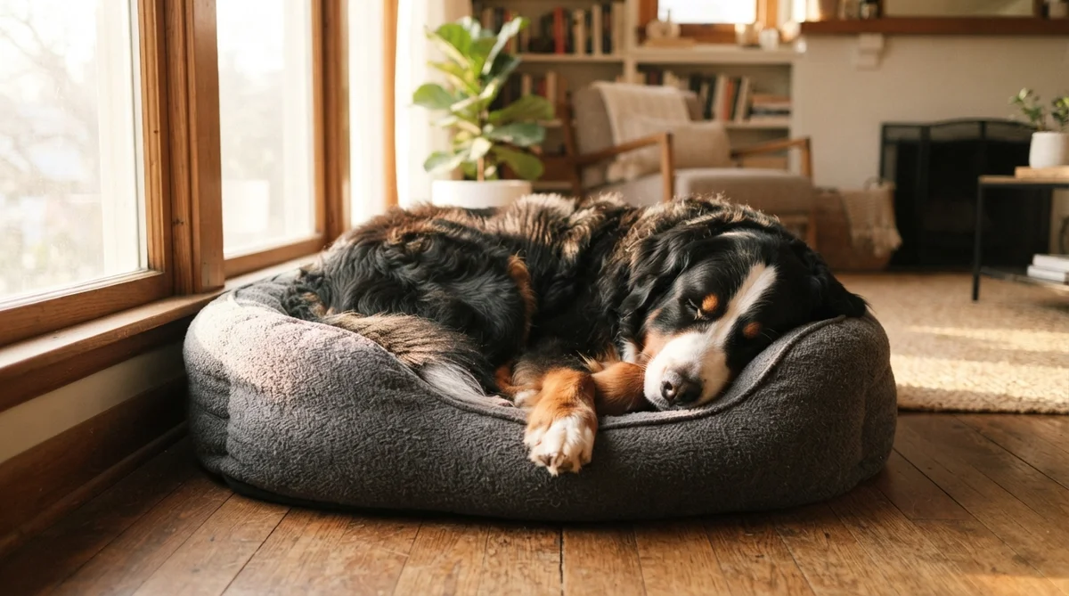 A majestic Bernese Mountain Dog peacefully sleeps curled on a plush