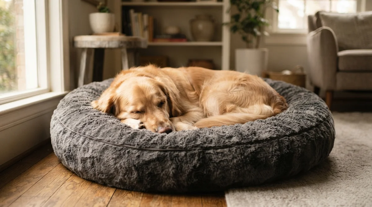 A calm, content domestic dog, comfortably curled up and sleeping soundly on a plush, inviting dog bed