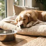 A calm, serene golden retriever resting comfortably on a plush, warm dog bed