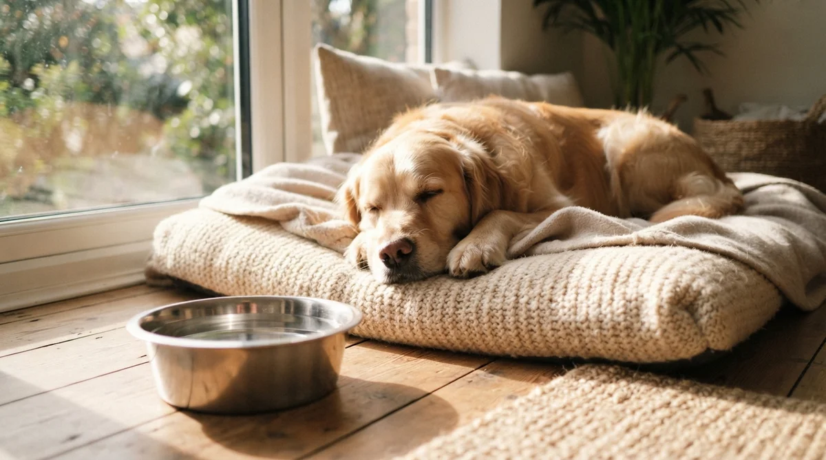 A calm, serene golden retriever resting comfortably on a plush, warm dog bed