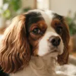 A serene, close-up, tactile portrait of a healthy Cavalier King Charles Spaniel