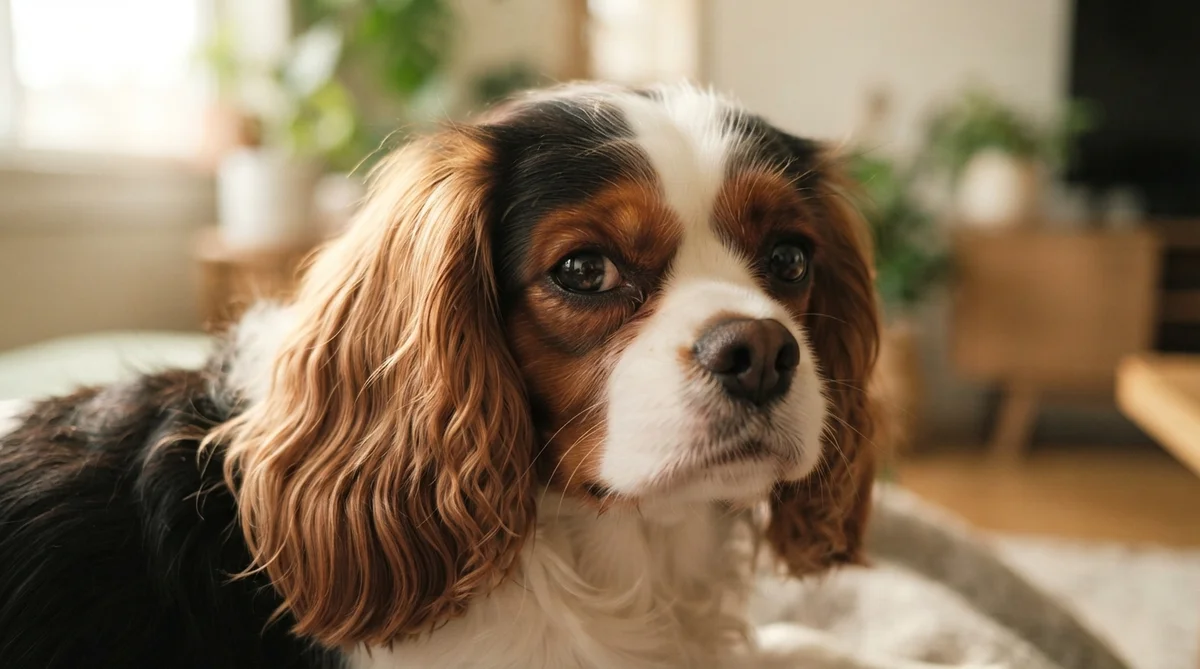 A serene, close-up, tactile portrait of a healthy Cavalier King Charles Spaniel
