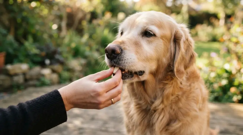 Close-up of a calm dog gently taking a small, plain supplement from a human hand, bathed in warm natural daylight